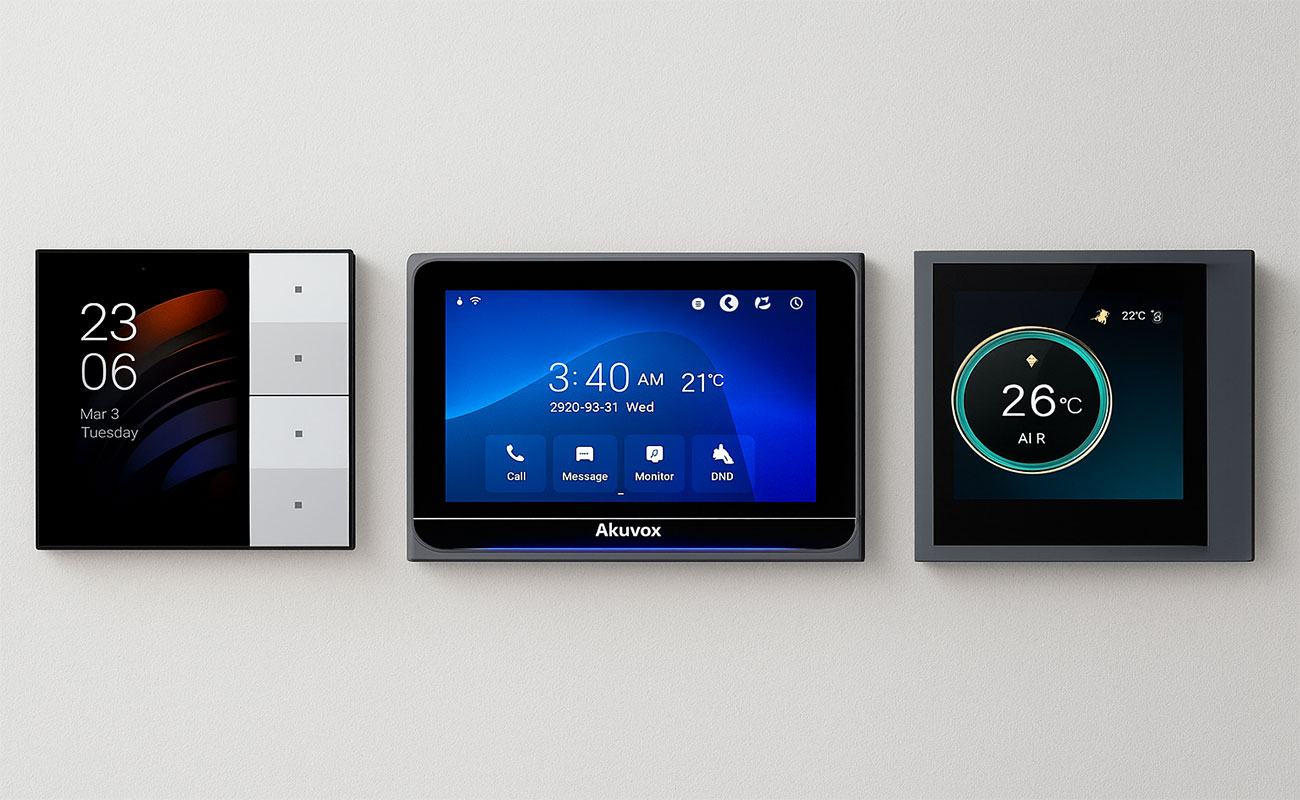 سه مدل تاچ پنل هوشمند مدرن و لوکس در کنار هم روی پس‌زمینه روشن و مینیمال