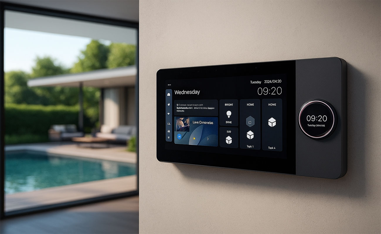 تاچ پنل هوشمند نصب شده روی دیوار ویلای لوکس با چشم‌انداز استخر و طبیعت از پنجره‌های بزرگ