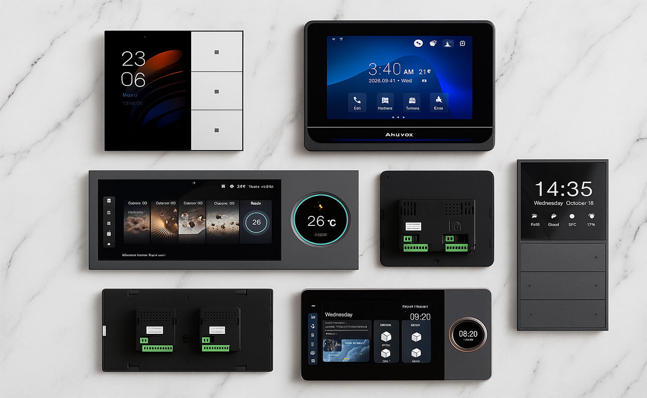 کلاژ چند مدل تاچ پنل هوشمند برندهای مختلف روی میز چوبی سفید با رگه‌های سیاه