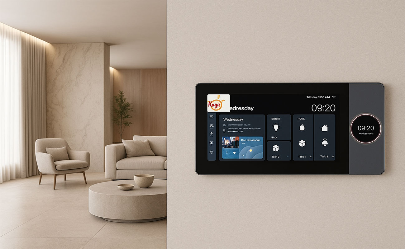 تاچ پنل هوشمند نصب شده روی دیوار ویلای لوکس با استخر روشن در روز