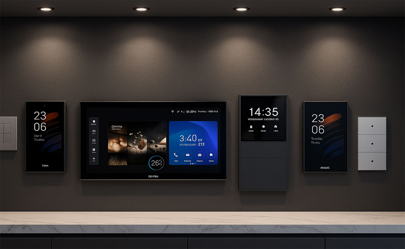 شوروم مدرن و لوکس با چندین تاچ پنل هوشمند نصب شده روی دیوار با نورپردازی حرفه‌ای